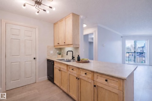 The kitchen features light wood cabinetry, a double basin sink with a black faucet, and a dishwasher - 209 14612 125 Street, Edmonton, AB - Indoor Photo Showing Kitchen With Double Sink