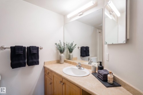 Bathroom vanity with a light-colored countertop, an integrated sink, and wood cabinetry - 209 14612 125 Street, Edmonton, AB - Indoor Photo Showing Bathroom