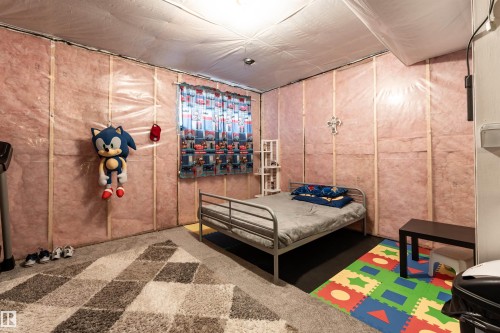 Unfinished room with exposed insulation and framing, featuring a window with patterned curtains, and carpeted flooring - 22742 95A Ave, Edmonton, AB - Indoor