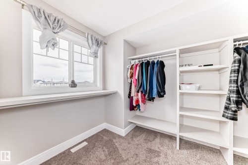 This space features a window with white trim, built-in shelving, and a clothing rod - 4134 Charles Link, Edmonton, AB - Indoor With Storage