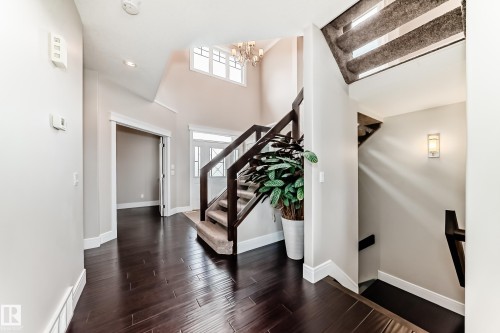 Entryway featuring dark hardwood flooring, a staircase with dark wood railings and carpeted treads, and a multi-pane front door with side panels - 4134 Charles Link, Edmonton, AB - Indoor Photo Showing Other Room