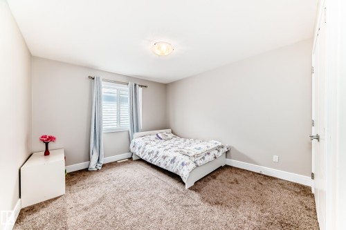 This room features neutral-toned walls, a window with blinds and drapes, and a ceiling light fixture - 4134 Charles Link, Edmonton, AB - Indoor Photo Showing Bedroom