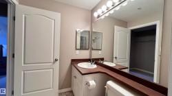 Bathroom vanity featuring a single sink, built-in storage cabinets, and a large mirror with integrated lighting - 