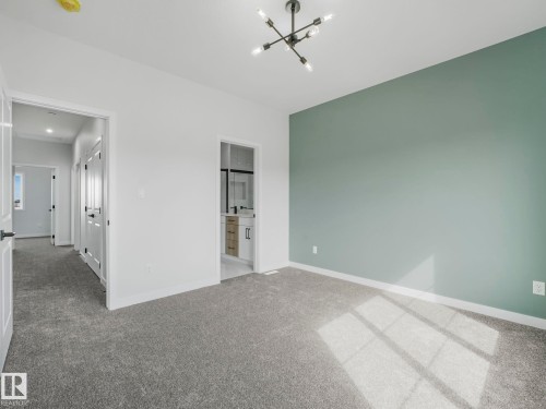 This room features a modern light fixture, gray carpet, and a light green accent wall - 275 Munn Way, Leduc, AB - Indoor Photo Showing Other Room