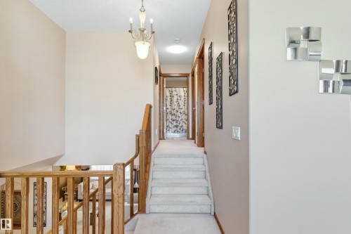 This property features a staircase with carpeted treads and a wooden railing, complemented by neutral wall tones - 442 Hunters Green, Edmonton, AB - Indoor Photo Showing Other Room