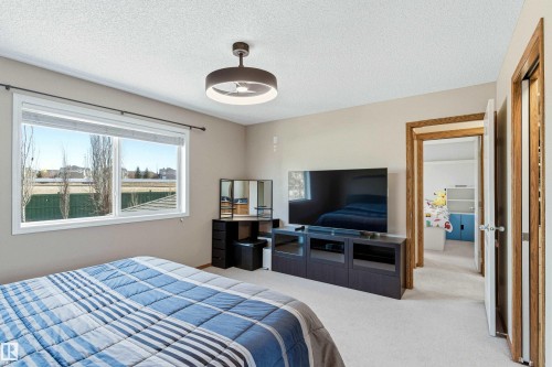 The property features light beige walls and light-colored carpet, creating a neutral canvas - 442 Hunters Green, Edmonton, AB - Indoor Photo Showing Bedroom