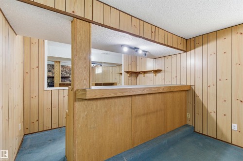 Recreation room featuring wood paneling, a pass-through bar area, and carpeted flooring - 1707 65 Street, Edmonton, AB - Indoor Photo Showing Other Room