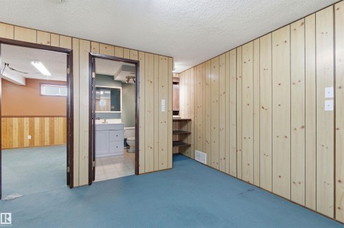 Room featuring light-colored wood paneling, blue carpeting, and a built-in shelving unit - 1707 65 Street, Edmonton, AB - Indoor Photo Showing Other Room
