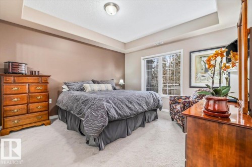 This inviting space features a tray ceiling, expansive windows, and light-colored carpeting - 332 612 111 Street, Edmonton, AB - Indoor Photo Showing Bedroom