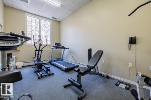 Fitness room featuring a large window, carpeted flooring, and various exercise equipment - 332 612 111 Street, Edmonton, AB - Indoor Photo Showing Gym Room