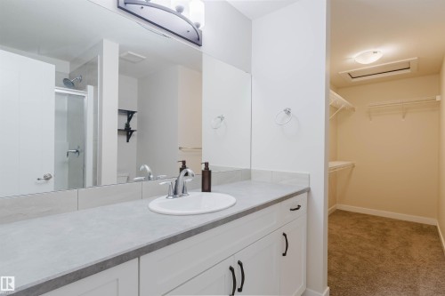 The property features a bathroom vanity with a single basin sink, a large mirror, and an adjacent walk-in closet with carpeted flooring and built-in shelving - 2878 Koshal Crescent, Edmonton, AB - Indoor Photo Showing Bathroom