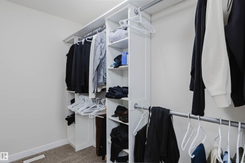 The property features a walk-in closet with built-in white shelving, hanging rods, and carpet flooring - 2878 Koshal Crescent, Edmonton, AB - Indoor With Storage