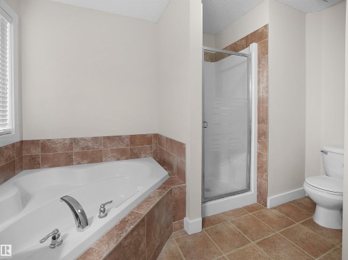 This bathroom features a spacious corner bathtub with chrome fixtures, a stand-up shower with a glass enclosure, and a toilet - 8361 Shaske Crescent, Edmonton, AB - Indoor Photo Showing Bathroom
