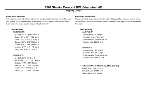 Property Details. Presenting room measurements and floor area information for the property - 8361 Shaske Crescent, Edmonton, AB - Other
