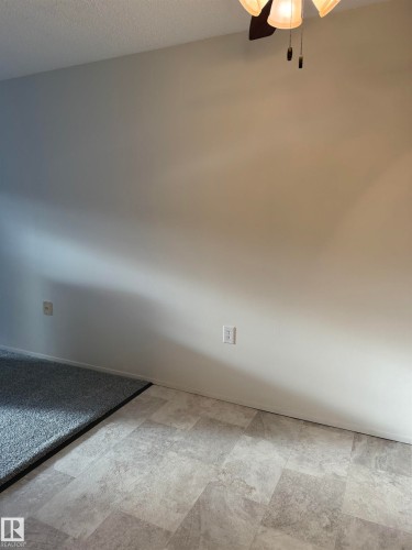 Living area featuring a textured ceiling, a ceiling fan with light fixture, and a combination of carpet and tiled flooring - 331 10636 120 Street, Edmonton, AB - Indoor Photo Showing Other Room