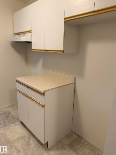 Kitchen area featuring white cabinetry with gold-toned trim, a light-colored countertop, and a range hood - 331 10636 120 Street, Edmonton, AB - Indoor