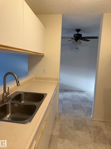 The kitchen features a dual stainless steel sink with a high-arch faucet, ample counter space, and upper cabinetry - 331 10636 120 Street, Edmonton, AB - Indoor Photo Showing Kitchen With Double Sink
