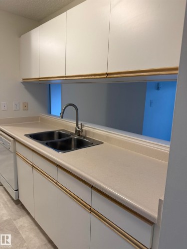 The kitchen features white cabinetry with gold-toned accents, a double basin stainless steel sink with a gooseneck faucet, and light-colored countertops - 331 10636 120 Street, Edmonton, AB - Indoor Photo Showing Kitchen With Double Sink