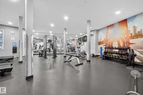 This facility features a spacious gym area with various exercise machines, free weights, and a vibrant wall mural - 127 1154 Adamson Drive, Edmonton, AB - Indoor Photo Showing Gym Room