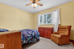 This room features a window providing natural light, a ceiling fan, and carpeted flooring - 
