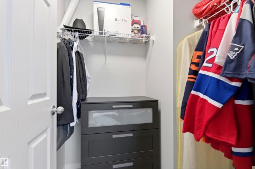 Walk-in closet featuring a dark dresser with glass-front drawers, wall-mounted shelving, and ample hanging space - 3247 Cherry Crescent, Edmonton, AB - Indoor With Storage