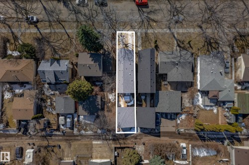 Aerial view of the property, featuring a long, rectangular lot - 7624 91 Avenue, Edmonton, AB -  With View