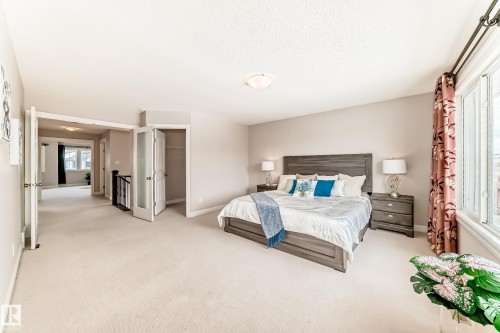 This spacious room features neutral-toned carpet flooring, large windows with decorative curtains, and a light-colored ceiling - 1330 114B Street, Edmonton, AB - Indoor Photo Showing Bedroom