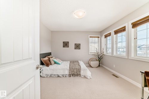 This room features light-colored walls and carpeting, with a ceiling-mounted light fixture - 1330 114B Street, Edmonton, AB - Indoor Photo Showing Bedroom