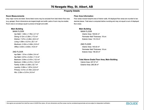 Property Details. Presenting room measurements and floor area information for the property - 76 Newgate Way, St. Albert, AB - Other