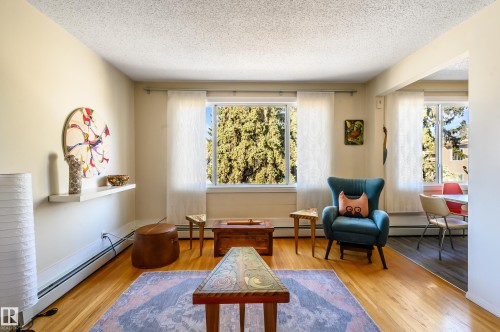 The living area features hardwood floors and large windows providing views of mature trees - 12 6805 112 Street, Edmonton, AB - Indoor