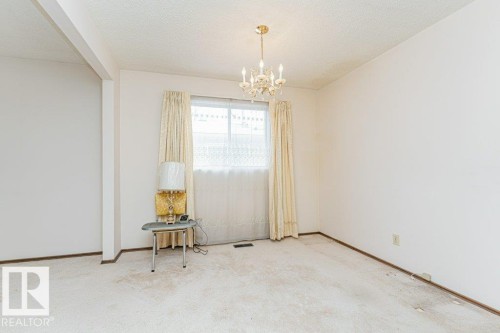 This room features a window with decorative curtains, a ceiling-mounted light fixture, and carpeted flooring - 8804 19 Avenue, Edmonton, AB - Indoor Photo Showing Other Room