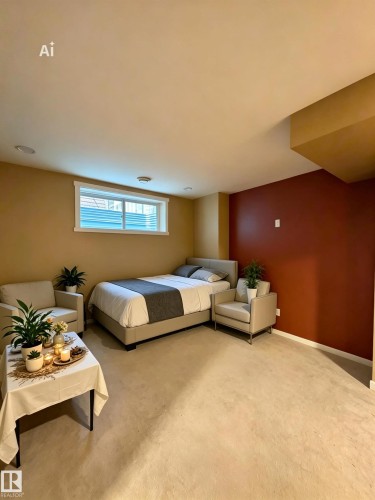 This inviting room features a neutral-toned carpet, a window providing natural light, and recessed ceiling lighting - 225 51A Street, Edmonton, AB - Indoor Photo Showing Bedroom