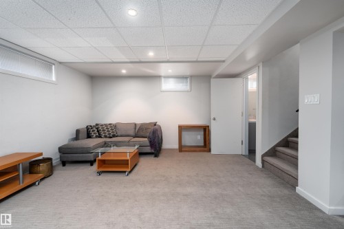 The property features a spacious room with light-colored carpeted flooring, white walls, and a drop ceiling with recessed lighting - 9715 141 Street Nw, Edmonton, AB - Indoor Photo Showing Basement
