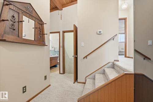 The property features a staircase with carpeted treads and a wooden handrail, with a light-colored wall finish - 9131 74 Street, Edmonton, AB - Indoor Photo Showing Other Room