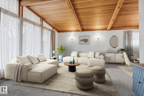 Spacious living area featuring a vaulted wood-paneled ceiling with exposed beams, large windows with sheer curtains, and a soft, neutral-toned area rug - 9131 74 Street, Edmonton, AB - Indoor Photo Showing Living Room