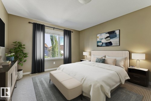 This room features a window with dark drapes, offering views of the outdoors - 3105 Tredger Place, Edmonton, AB - Indoor Photo Showing Bedroom