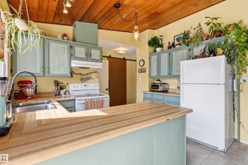 The kitchen features a wooden ceiling, light-colored walls, and light green cabinetry - 18315 68 Avenue, Edmonton, AB - Indoor Photo Showing Kitchen With Double Sink