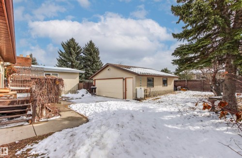 The property includes a detached garage with a single door, a spacious yard, and mature evergreen trees - 18315 68 Avenue, Edmonton, AB - Outdoor