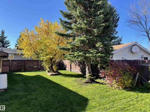 The property offers a spacious yard with a lush lawn, featuring mature trees and shrubs, and is enclosed by a wooden fence - 18315 68 Avenue, Edmonton, AB - Outdoor