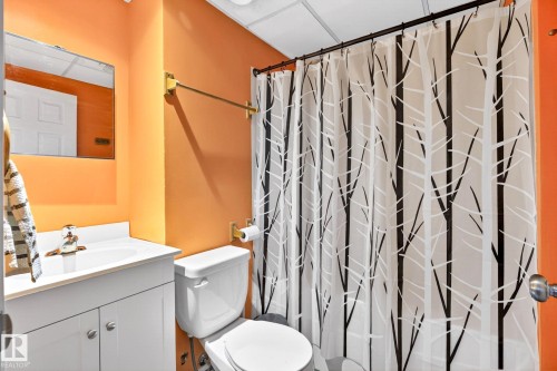 The bathroom features a white vanity with a rectangular sink, a toilet, and orange walls - 20147 48 Avenue, Edmonton, AB - Indoor Photo Showing Bathroom