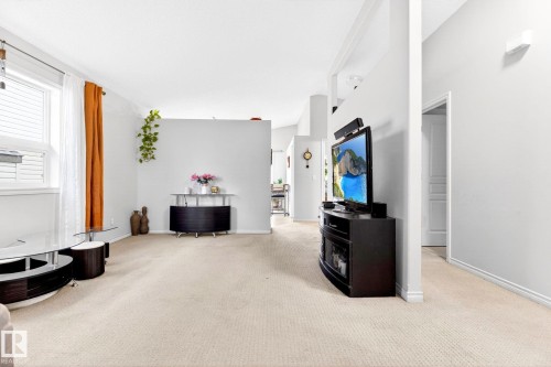 The living space features light-colored carpeting, a window with horizontal blinds and an orange curtain, and light-colored walls - 20147 48 Avenue, Edmonton, AB - Indoor