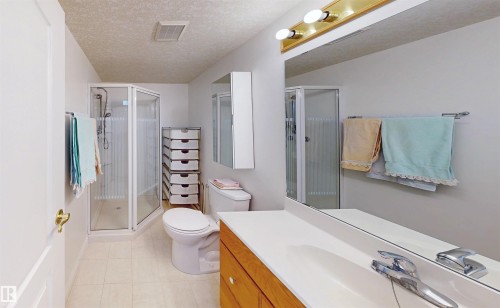 Bathroom featuring a shower stall with a glass enclosure, a toilet, and a vanity with a white countertop and a mirror - 31 9914 80 Avenue, Edmonton, AB - Indoor Photo Showing Bathroom