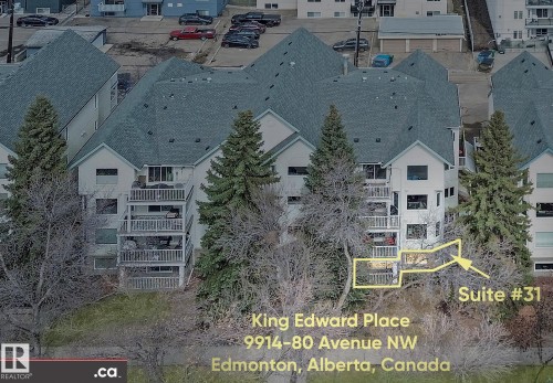 Aerial view of the property, featuring a multi-story building with balconies - 31 9914 80 Avenue, Edmonton, AB - Outdoor