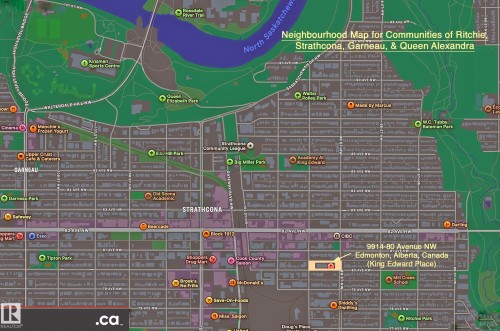 Neighborhood Map. Illustrating the location of the property within its community and surrounding areas - 31 9914 80 Avenue, Edmonton, AB - 