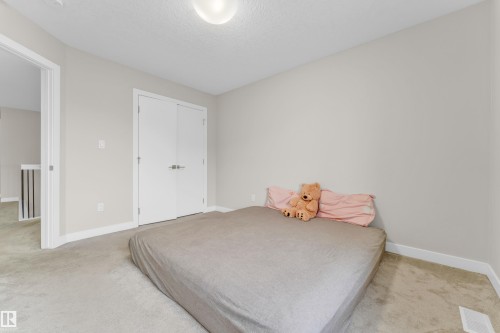 This room features carpeted flooring, light-colored walls, and a white ceiling with a flush-mount light fixture - 32 1703 16 Avenue, Edmonton, AB - Indoor Photo Showing Bedroom