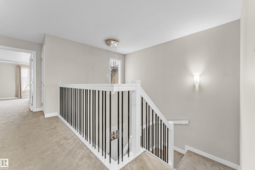 A well-lit landing and staircase featuring light-colored carpeting, white baseboards, and a white banister with black vertical spindles - 32 1703 16 Avenue, Edmonton, AB - Indoor Photo Showing Other Room
