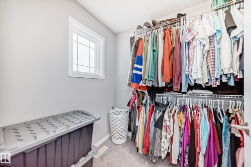 Walk-in closet featuring wire shelving, a window, and carpet flooring - 5868 Anthony Crescent, Edmonton, AB - Indoor With Storage