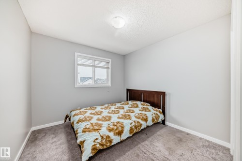 The room features light gray walls, a window with blinds, and carpeted flooring - 5868 Anthony Crescent, Edmonton, AB - Indoor Photo Showing Bedroom