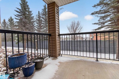 The property features an outdoor patio with a concrete surface and black metal railings - 131 2098 Blackmud Creek Drive Sw, Edmonton, AB - Outdoor With Balcony