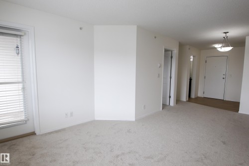 The property features carpeting in the main living area and a window with blinds - 405 534 Watt Boulevard, Edmonton, AB - Indoor Photo Showing Other Room
